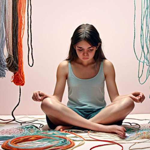 Home 18 A person sitting alone, organizing complex emotions like sorting through tangled threads, with labels like "sadness," "anger," and "anxiety" floating around them, set in a calming, pastel-colored environment.