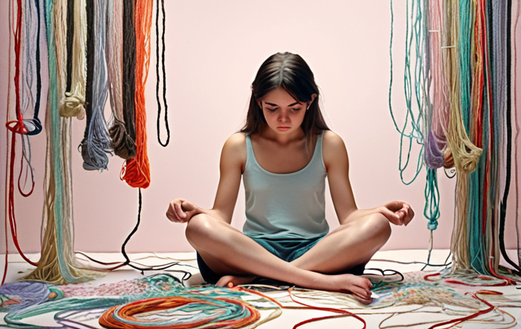 A person sitting alone, organizing complex emotions like sorting through tangled threads, with labels like "sadness," "anger," and "anxiety" floating around them, set in a calming, pastel-colored environment.