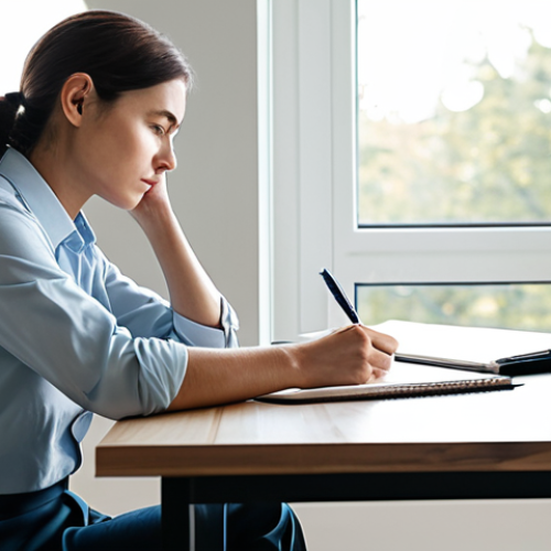 Home 17 A professional individual, fully clothed in a modest business casual outfit, sits composedly at a clean, contemporary desk, writing in a simple, open notebook with a pen. The setting is a brightly lit, minimalist home office with a large window in the background, offering a soft, diffused natural light. The subject's expression is calm and focused, reflecting deep contemplation and emotional clarity. The image emphasizes perfect anatomy, correct proportions, well-formed hands, and a natural pose, rendered in a professional, high-quality photographic style. This is safe for work, appropriate content, and family-friendly.