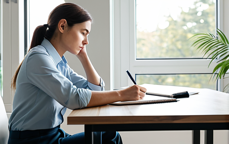 A professional individual, fully clothed in a modest business casual outfit, sits composedly at a clean, contemporary desk, writing in a simple, open notebook with a pen. The setting is a brightly lit, minimalist home office with a large window in the background, offering a soft, diffused natural light. The subject's expression is calm and focused, reflecting deep contemplation and emotional clarity. The image emphasizes perfect anatomy, correct proportions, well-formed hands, and a natural pose, rendered in a professional, high-quality photographic style. This is safe for work, appropriate content, and family-friendly.