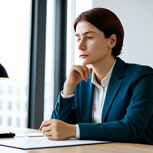 Home 8 A professional person, gender-neutral, in a modest business suit, sitting contemplatively at a modern, uncluttered desk in a quiet, well-lit office, with soft natural light illuminating the space. Their expression is serene and thoughtful, reflecting deep introspection. Subtle, abstract visual representations of calm, clear thoughts gently surround their head, symbolizing self-analysis and inner peace without distortion. fully clothed, appropriate attire, safe for work, family-friendly, perfect anatomy, correct proportions, natural pose, well-formed hands, proper finger count, natural body proportions, professional photography, high quality, realistic, subtle lighting.